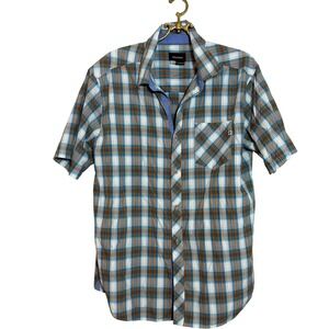 Marmot Mens XL Button Down Short Sleeve Shirt Plaid Outdoor Casual Blue Brown